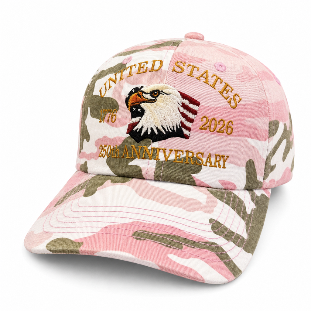 Pink camo ball cap with 250th anniversary logo from Republic Mercantile, featuring adjustable strap and snapback design.