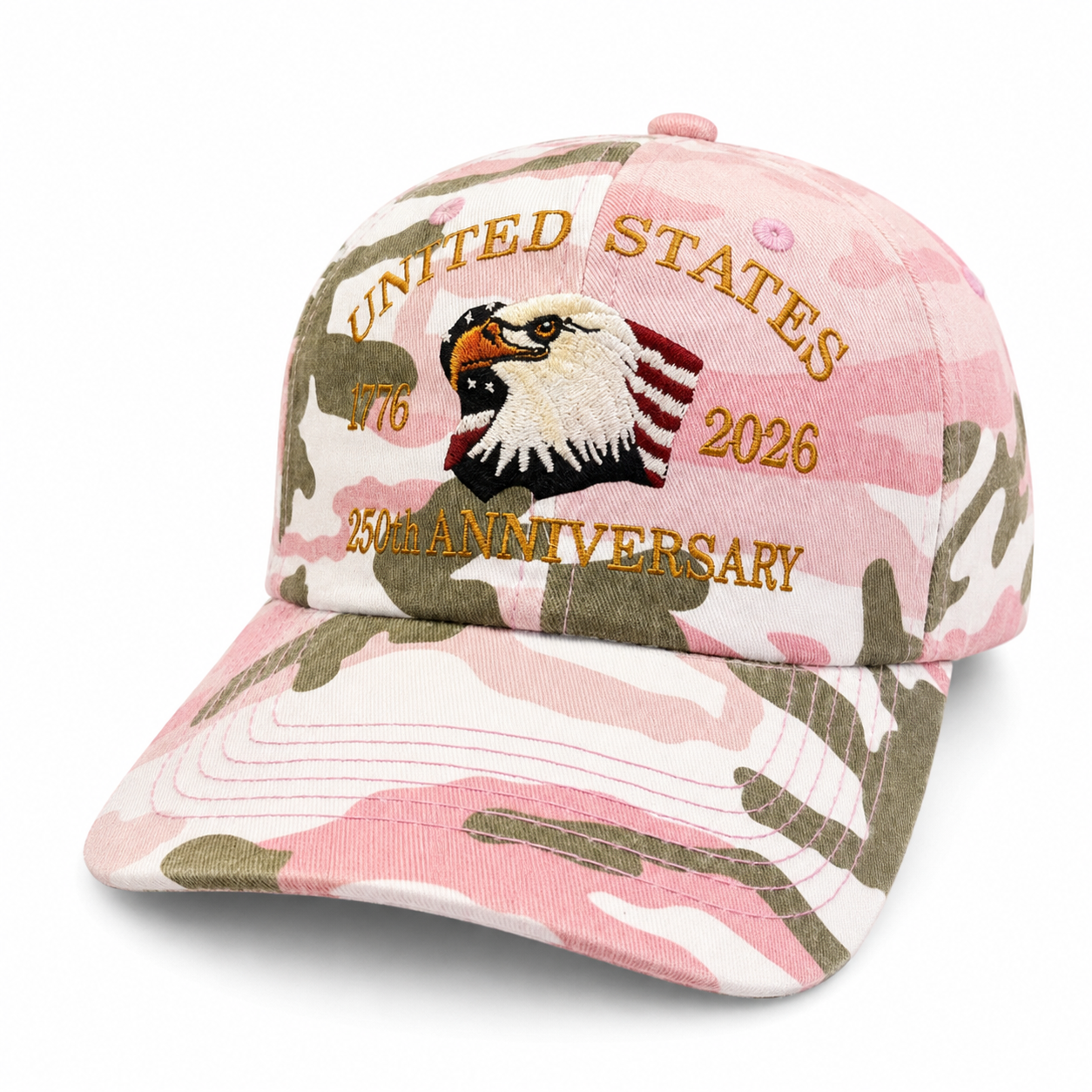Pink camo ball cap with 250th anniversary logo from Republic Mercantile, featuring adjustable strap and snapback design.