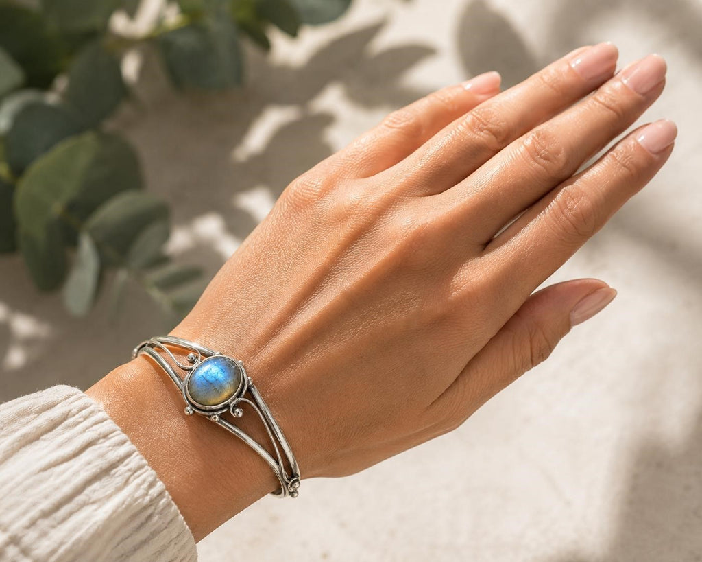 Silver plated bangle gem bracelet with handcrafted design from Republic Mercantile, featuring colorful gemstone accents.