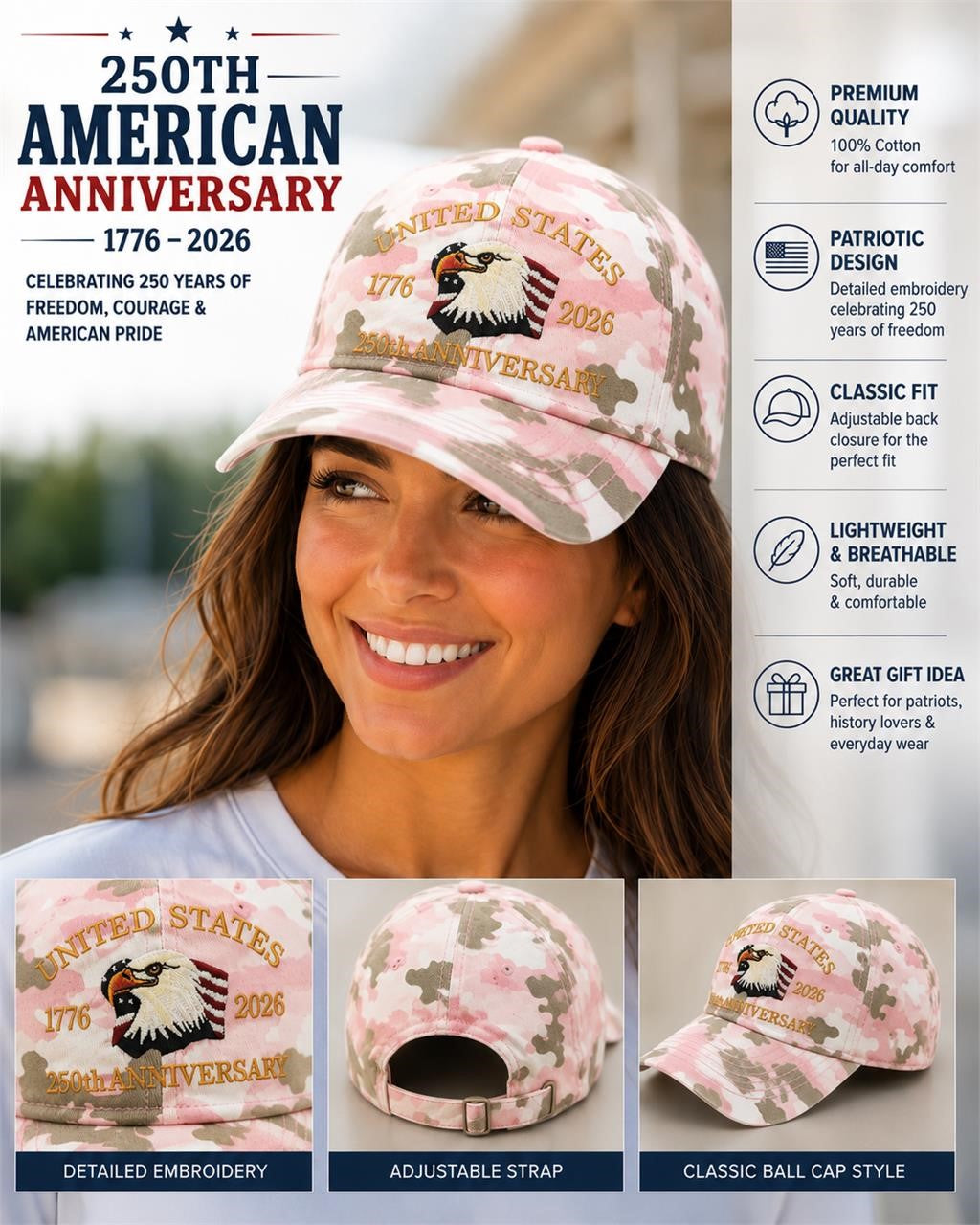 Pink camo ball cap celebrating 250th anniversary by Republic Mercantile, featuring adjustable strap and embroidered detail.
