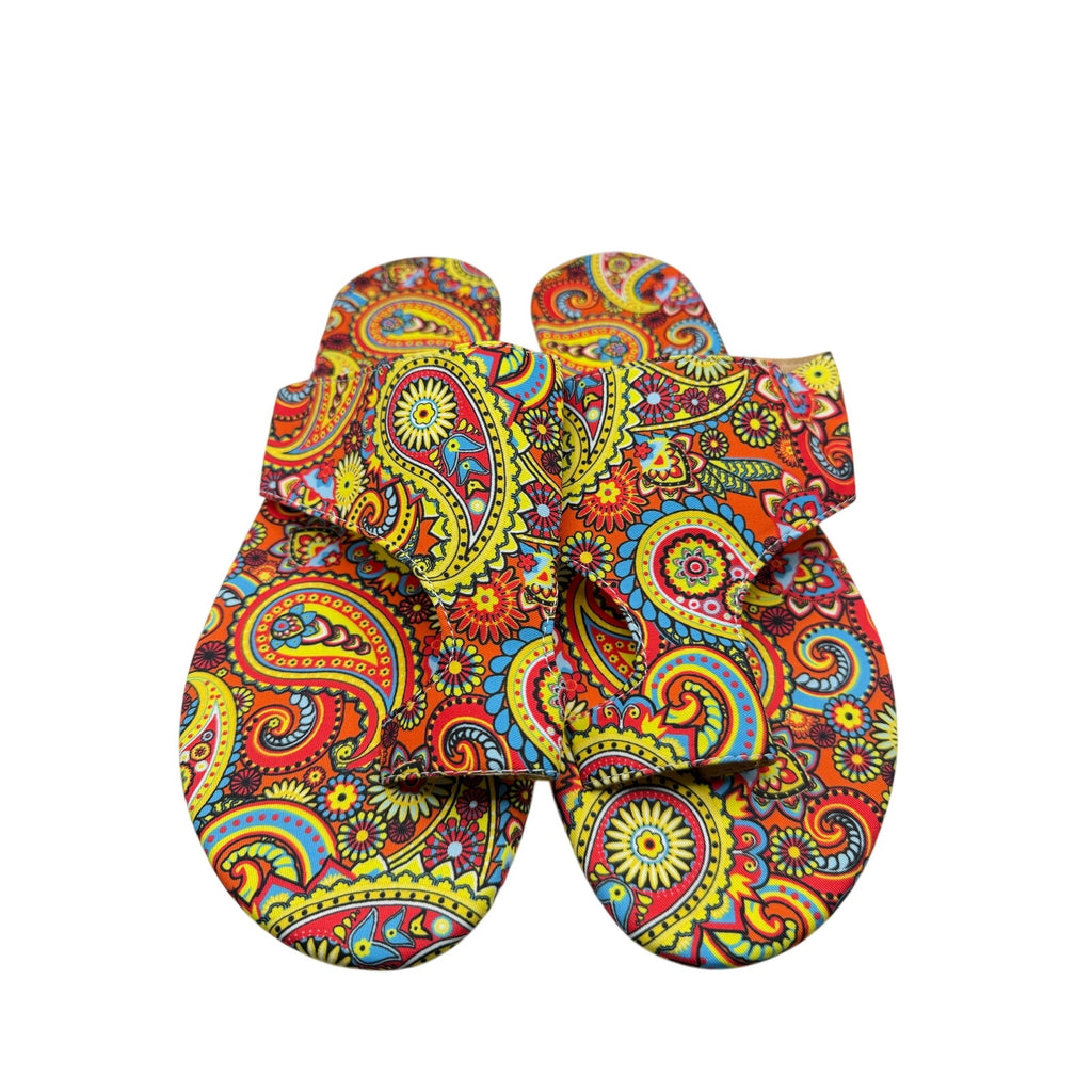Women's boho multi-color slip-on sandals by Republic Mercantile, size 11, featuring vibrant patterns and comfortable design.