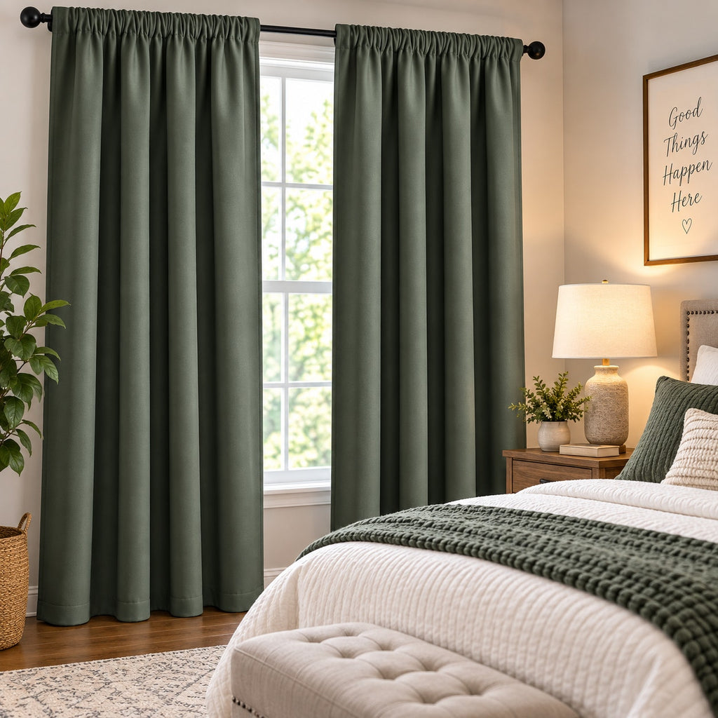 NICETOWN blackout curtains in green with rod pocket, insulated window treatments measuring 42x63 inches, designed for light blocking.
