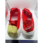 FME athletic sneakers in red and white, unisex design, women's size 11.5 and men's size 10, Euro 43, casual sports style