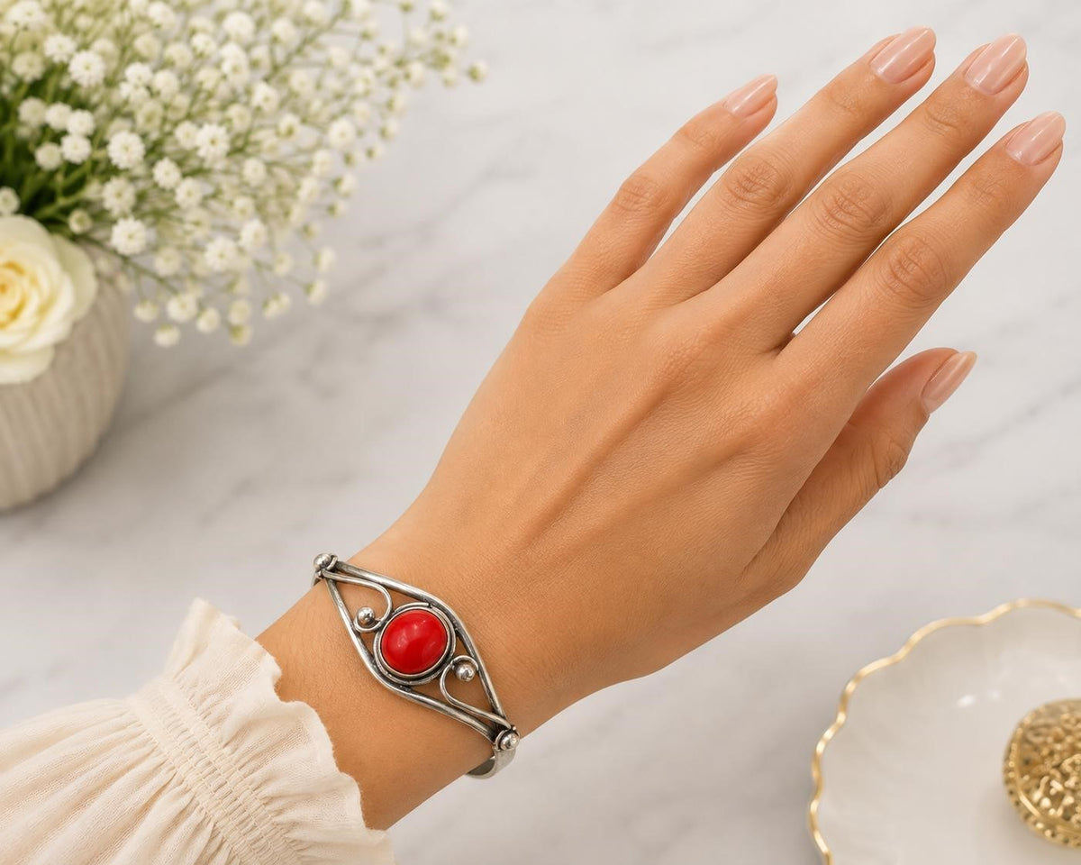Silver plated bangle gem bracelet with handcrafted design and decorative gemstones, stylish jewelry by Republic Mercantile.