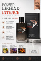 Power Legend Intense men's fragrance bottle with sleek design and dark accents, showcasing a bold, masculine scent.