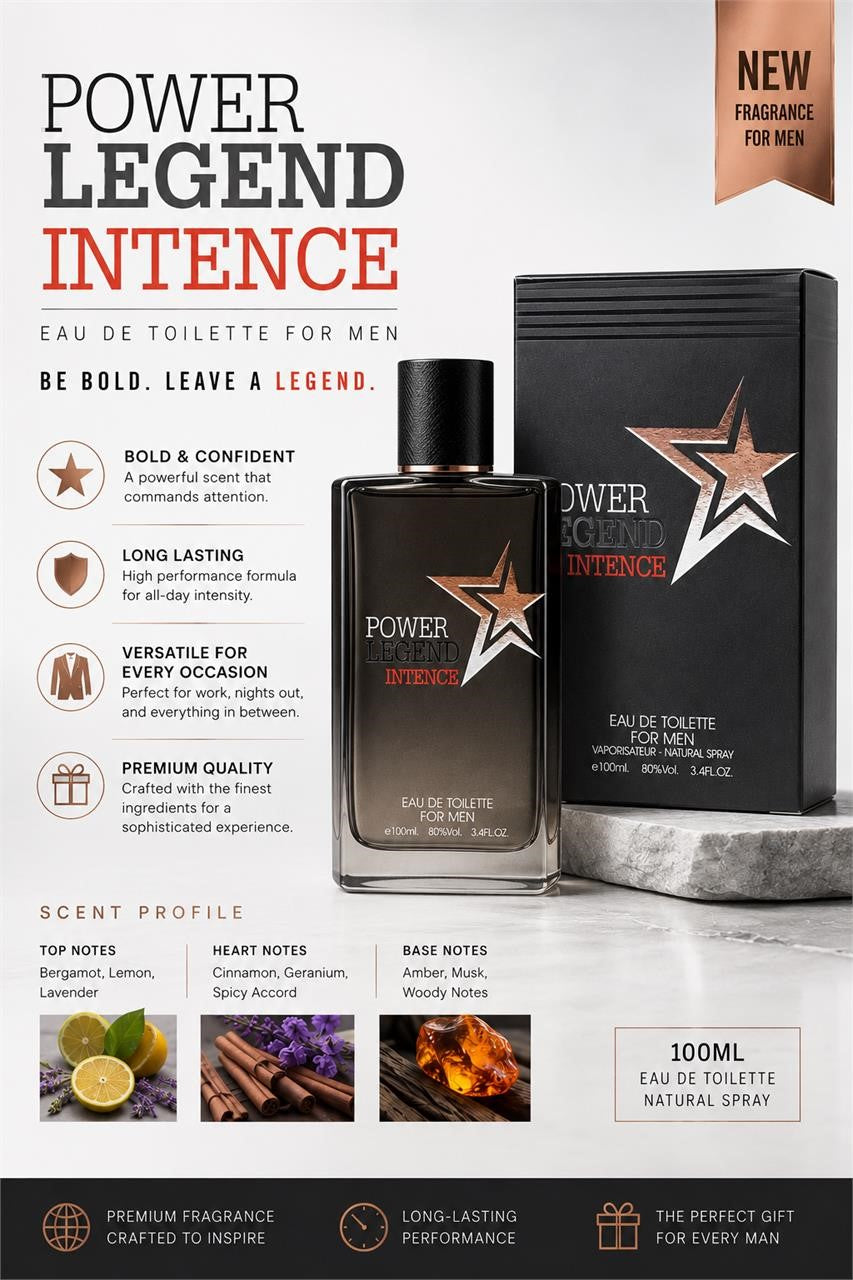 Power Legend Intense men's fragrance bottle with sleek design and dark accents, showcasing a bold, masculine scent.