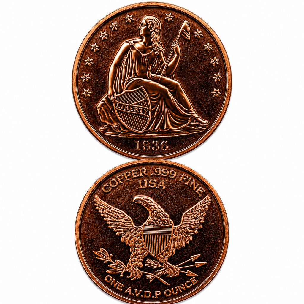 Republic Mercantile Seated Liberty design copper collectible coin, 1 oz .999 fine copper coin with detailed seated figure.