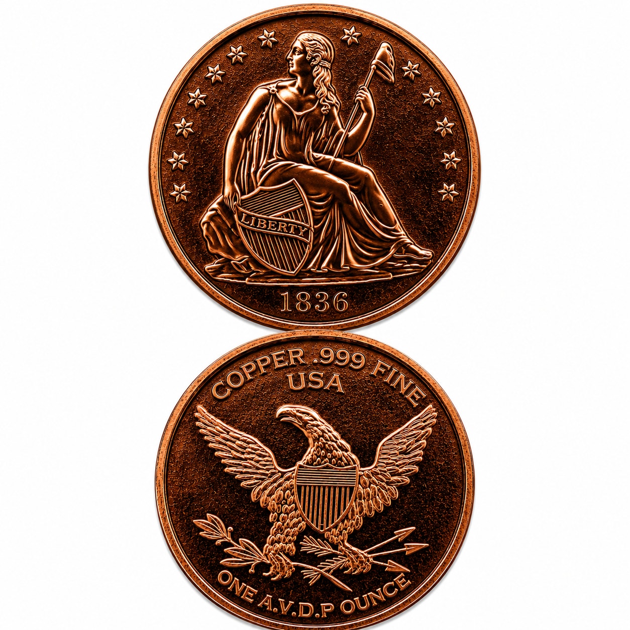 Republic Mercantile Seated Liberty design copper collectible coin, 1 oz .999 fine copper coin with detailed seated figure.