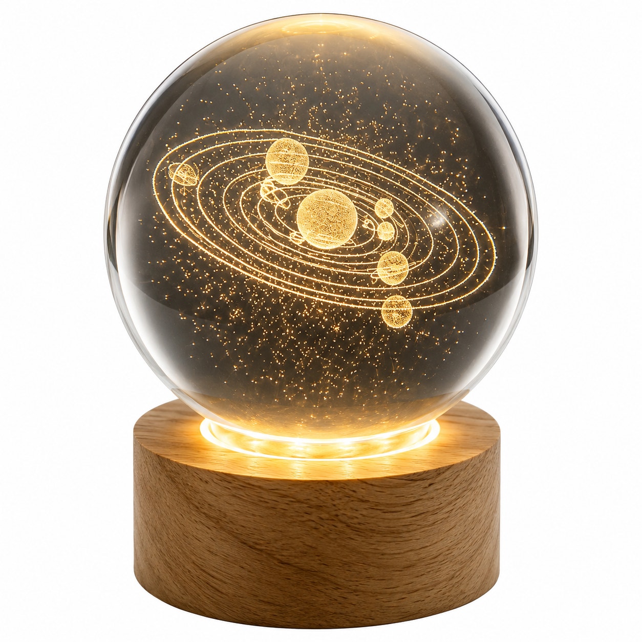 Laser etched crystal ball with universe design on LED stand by Republic Mercantile, showcasing detailed cosmic artwork.