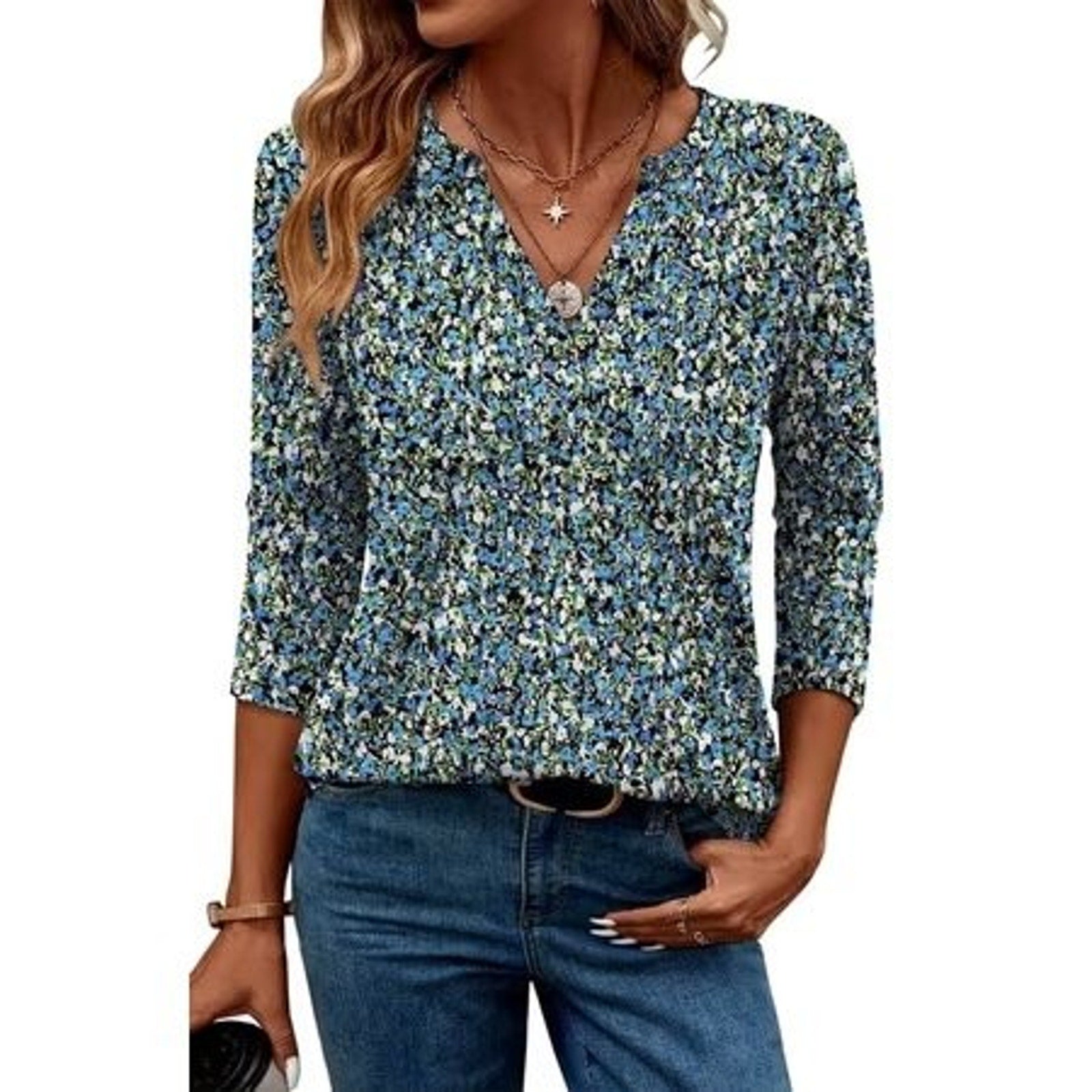 Ronuti women's 3/4 sleeve V-neck tunic blouse with loose fit and curved hem, displayed on a mannequin in size M.