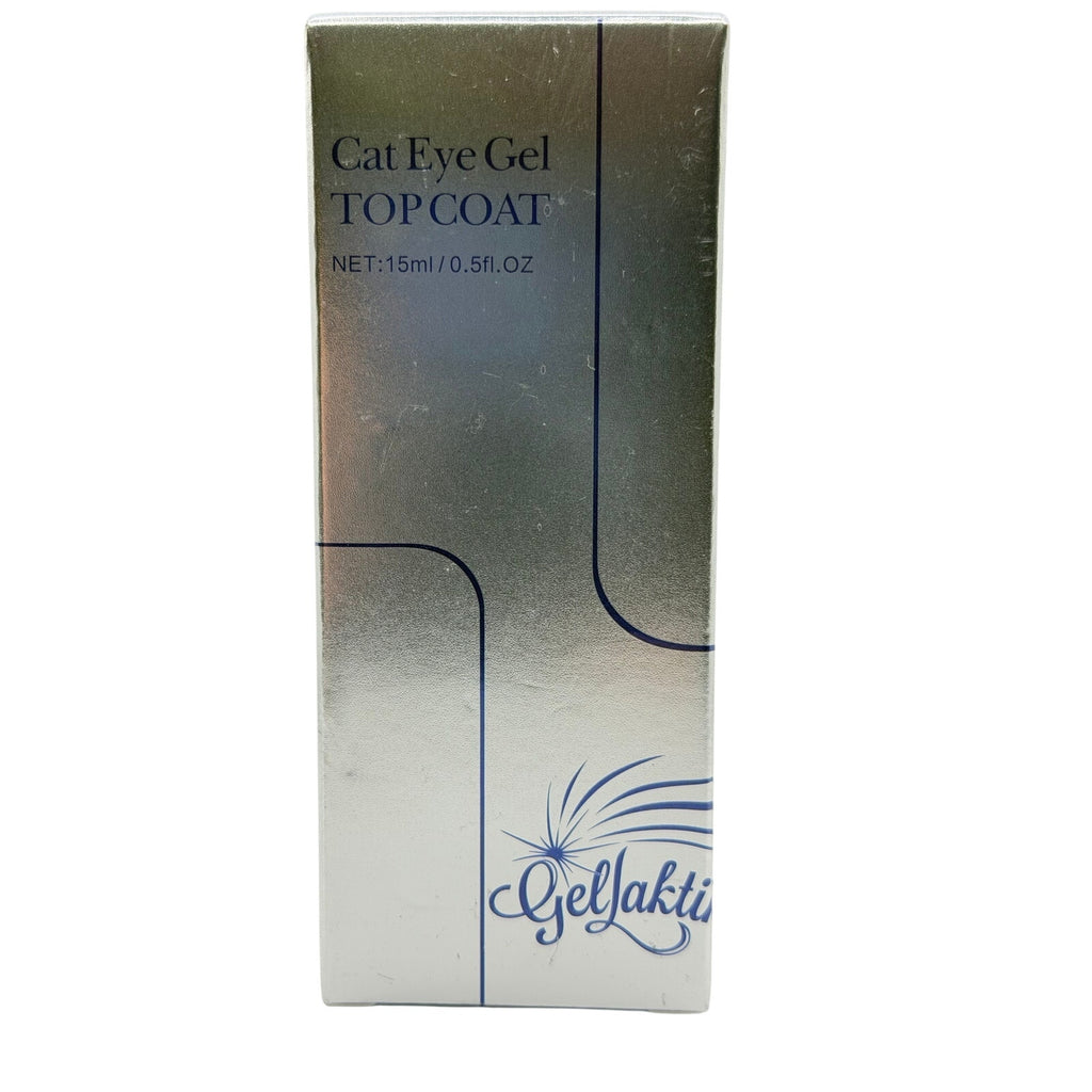 Gellaktik Cat Eye Gel Topcoat in blue, showcasing a glossy gel finish on nails with a cat eye effect and blue hue.