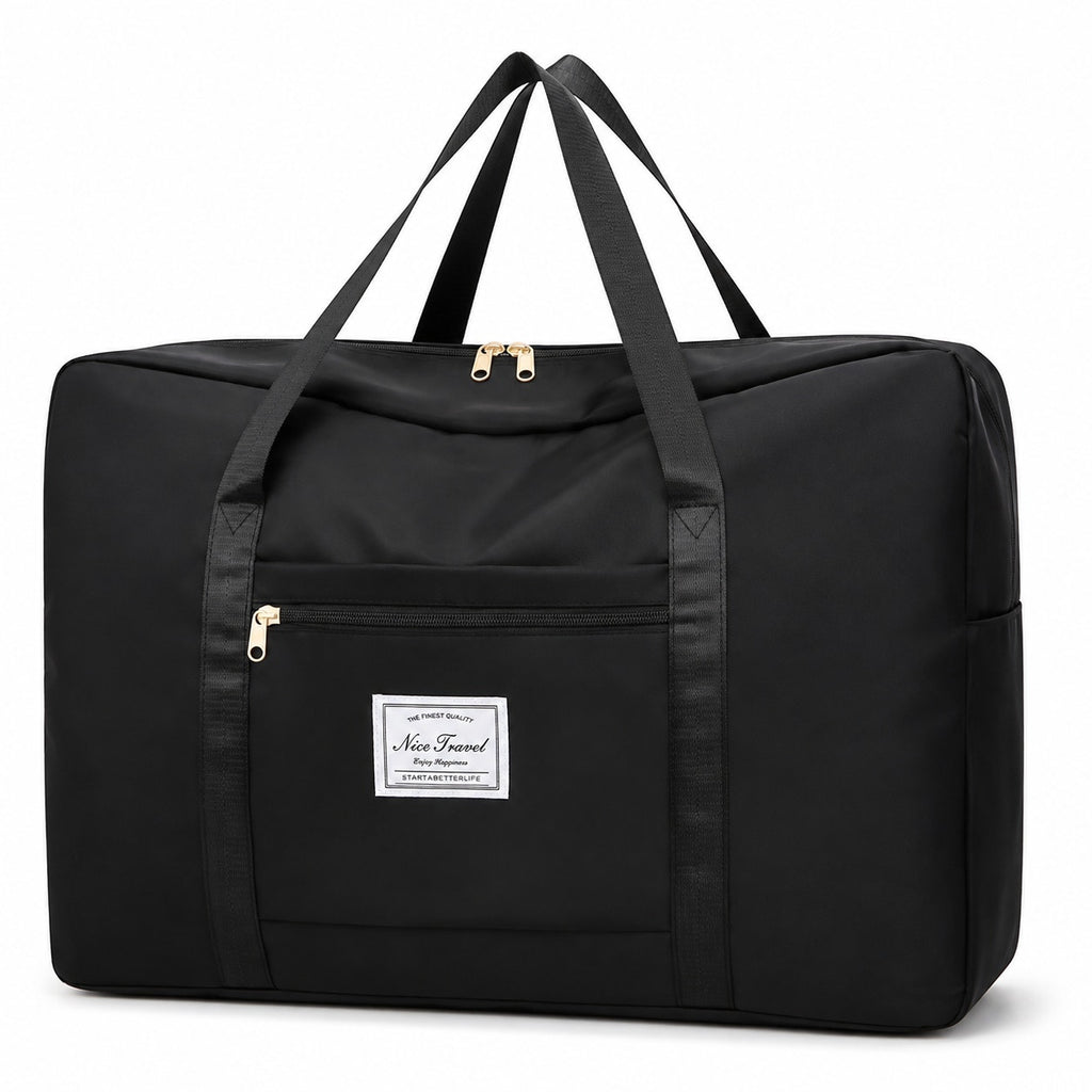 Black travel foldable tote bag by Nice Travel, showing a compact, lightweight design with handles and a spacious interior for travel.