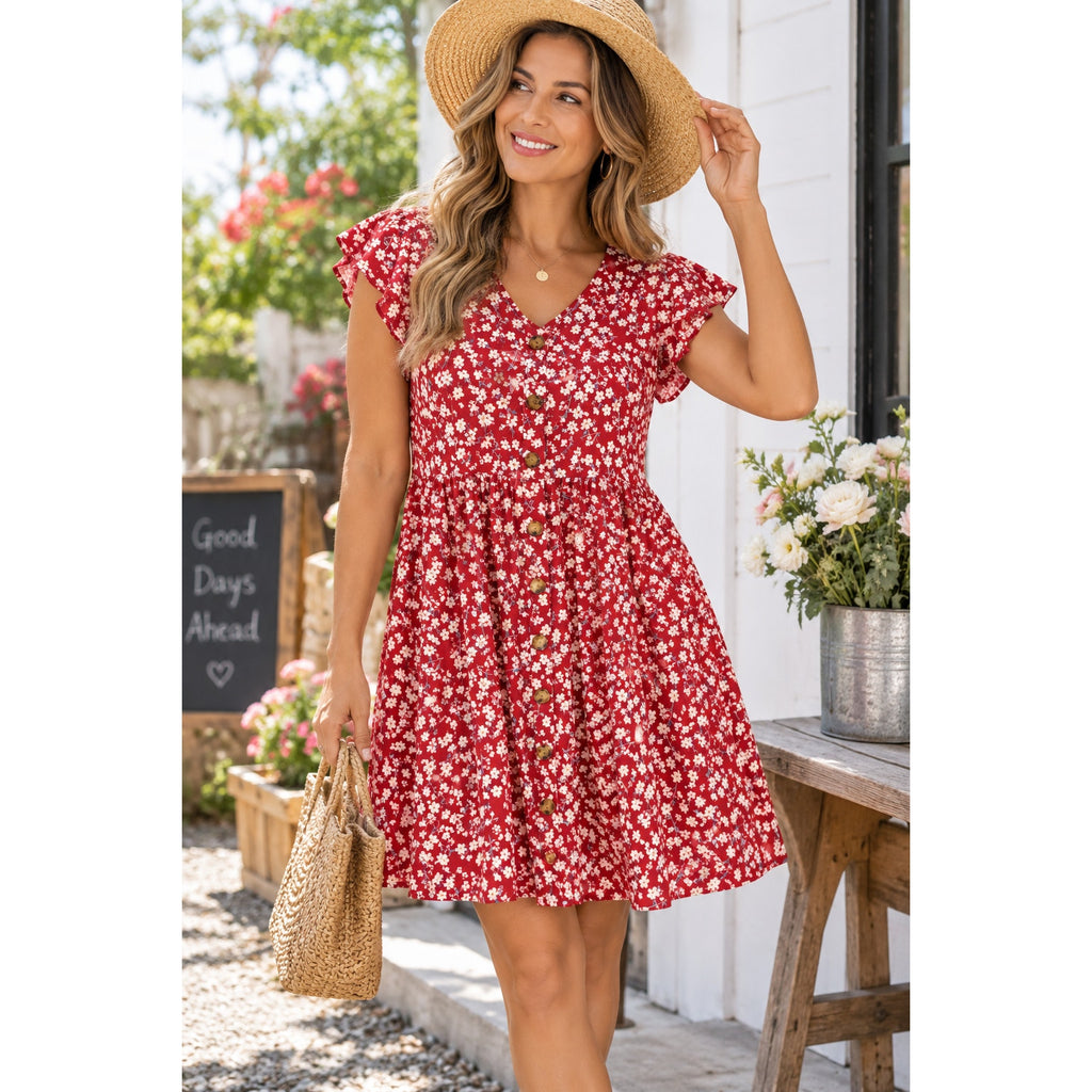 Fantaslook women's summer floral midi dress with V-neck, ruffle sleeves, and pockets, size L, perfect for warm weather.