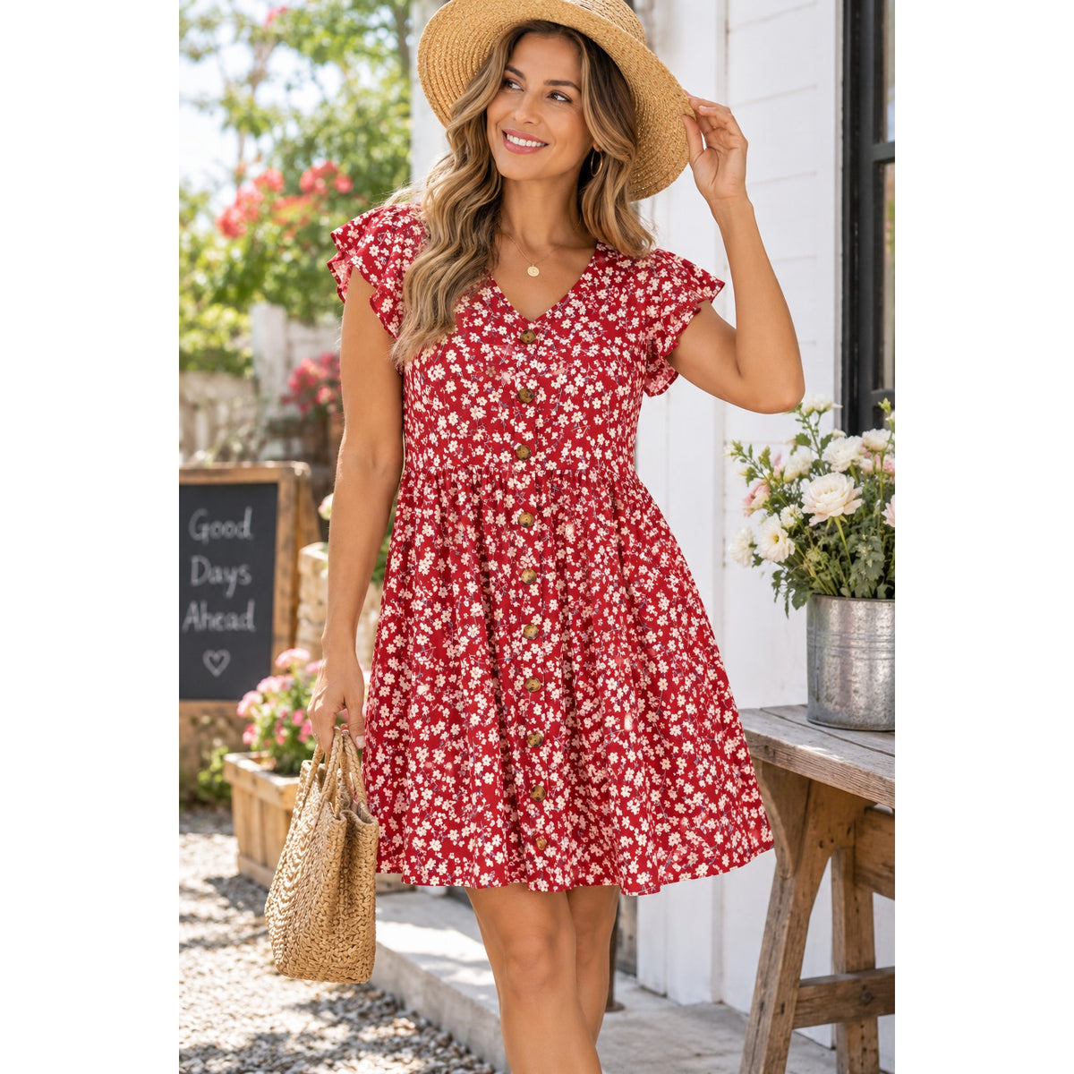Fantaslook women's summer floral midi dress with V-neck, ruffle sleeves, and pockets, size L, perfect for warm weather.