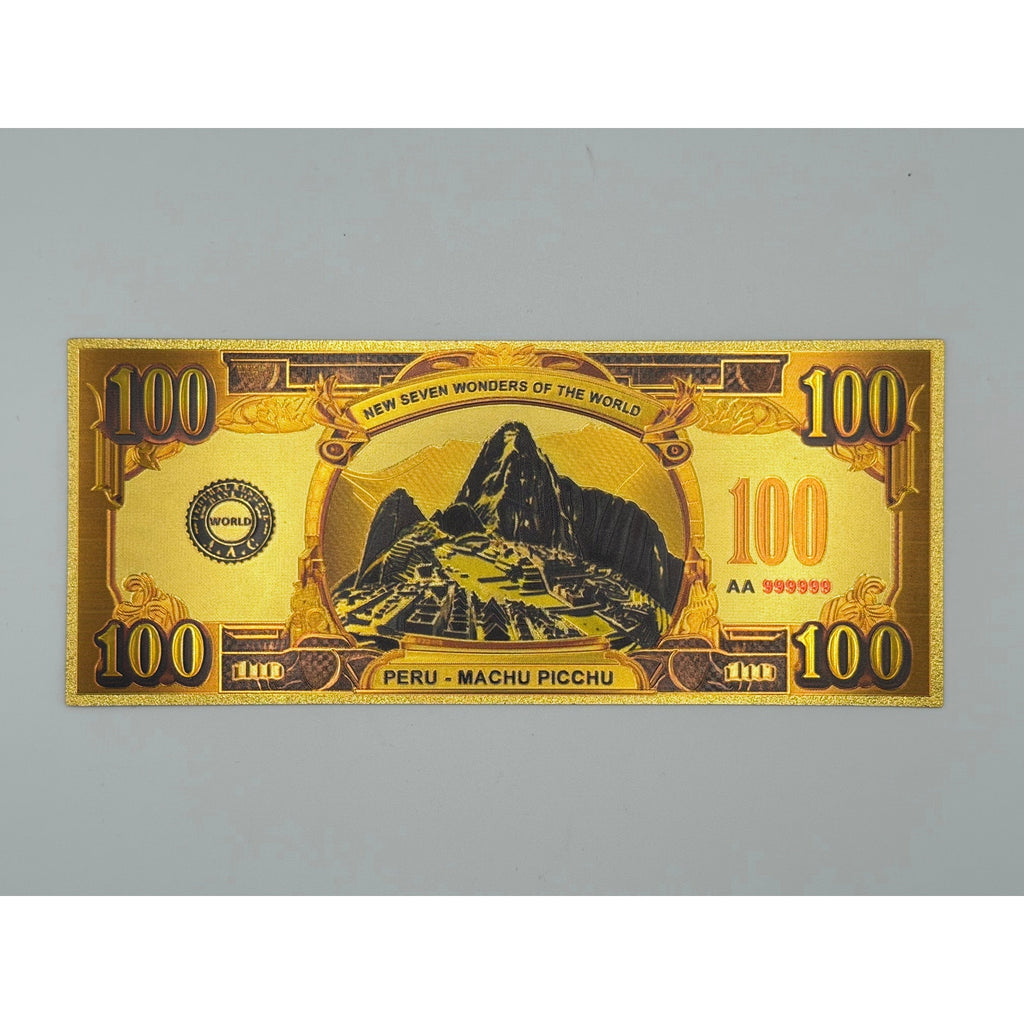 Set of seven gold foiled novelty notes featuring the 7 Wonders of the World, from Republic Mercantile, with intricate designs.