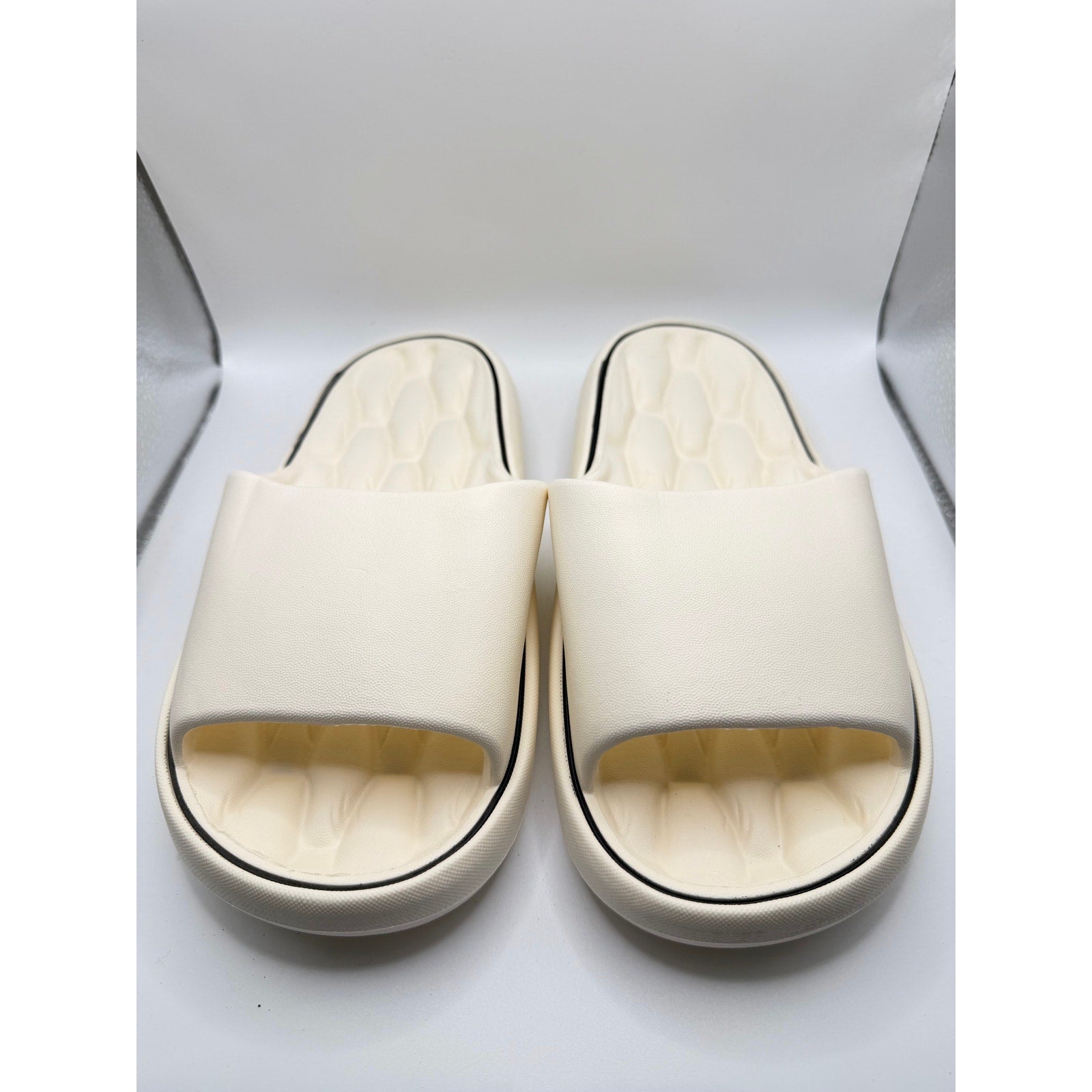 BusyLion white comfort slides for women, size US 6.5, with cushioned straps and slip-on design for casual wear.