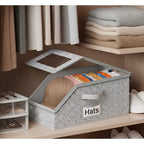 Stackable hat storage boxes by Republic Mercantile, 8x16x6 inches, holding up to 20 hats or accessories, with clear lids and stacked design.