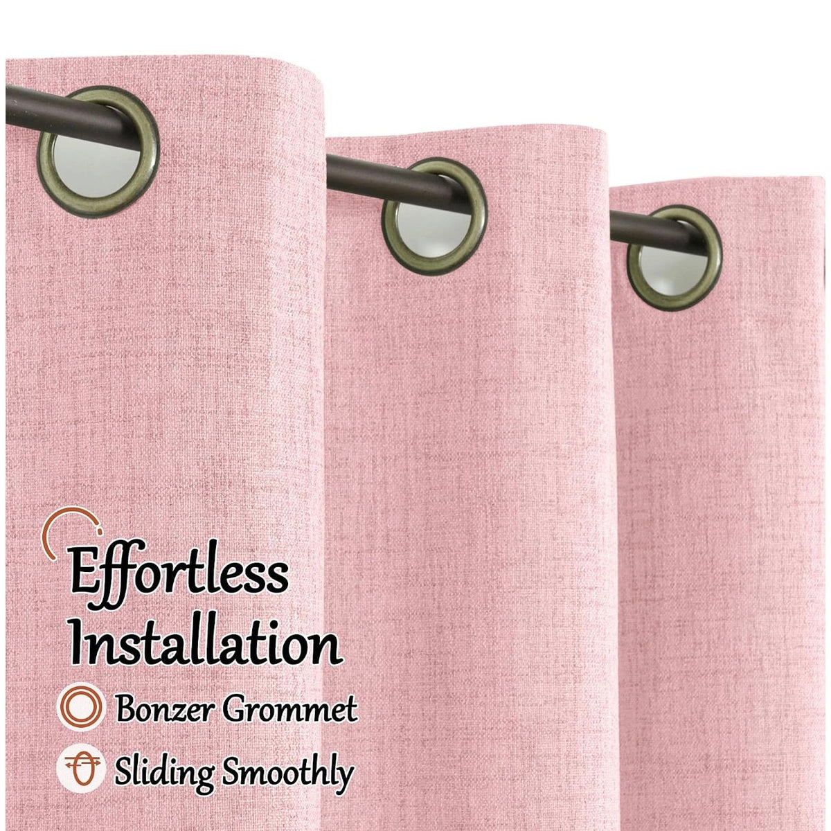 Baby pink nursery blackout curtains by Lajode, 52x84 inch two-panel grommet top window curtains with a soft pink fabric.