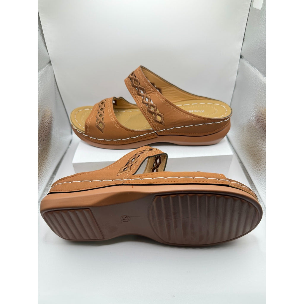 Women's brown comfort sandals by Xuemjiao, size 6.5 (Euro 37), featuring cushioned straps and slip-on style.