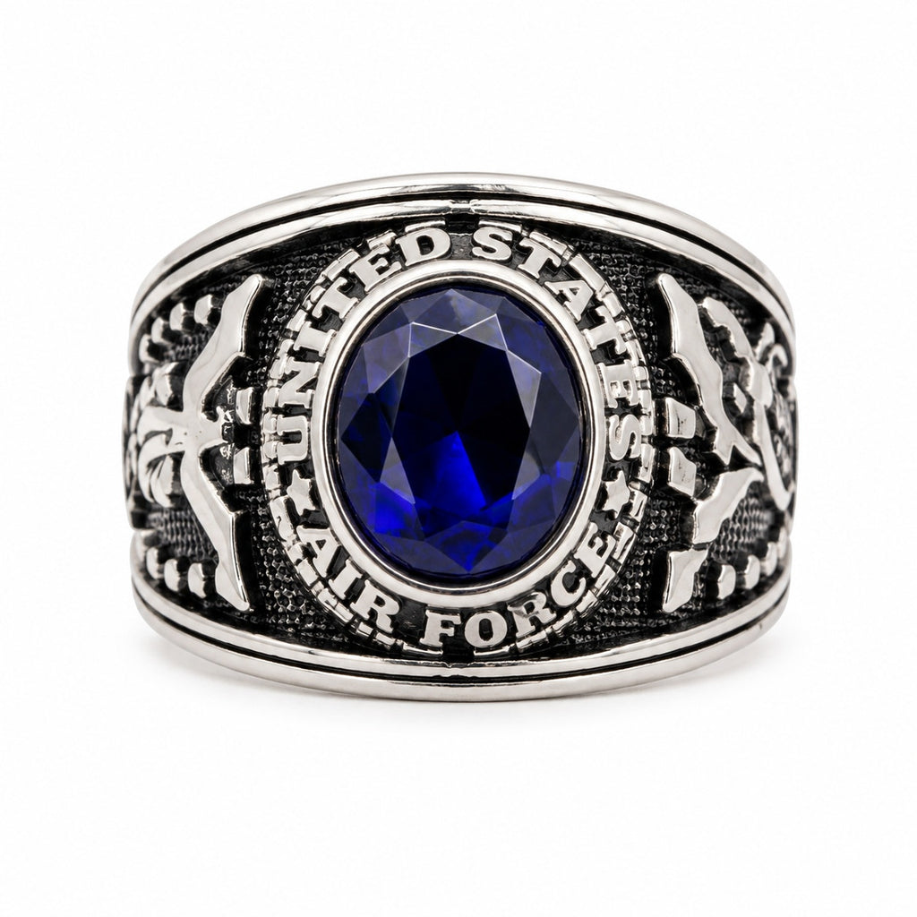 Men's US Air Force signet ring in red metal, size 11, featuring military insignia, from Republic Mercantile.