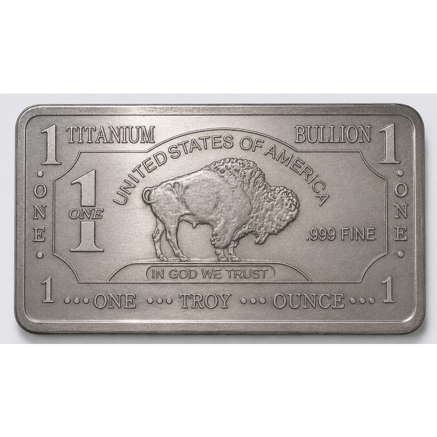 Close-up of a 1 oz .999 fine titanium collectible bar from CMC Mint with detailed engravings and branding.