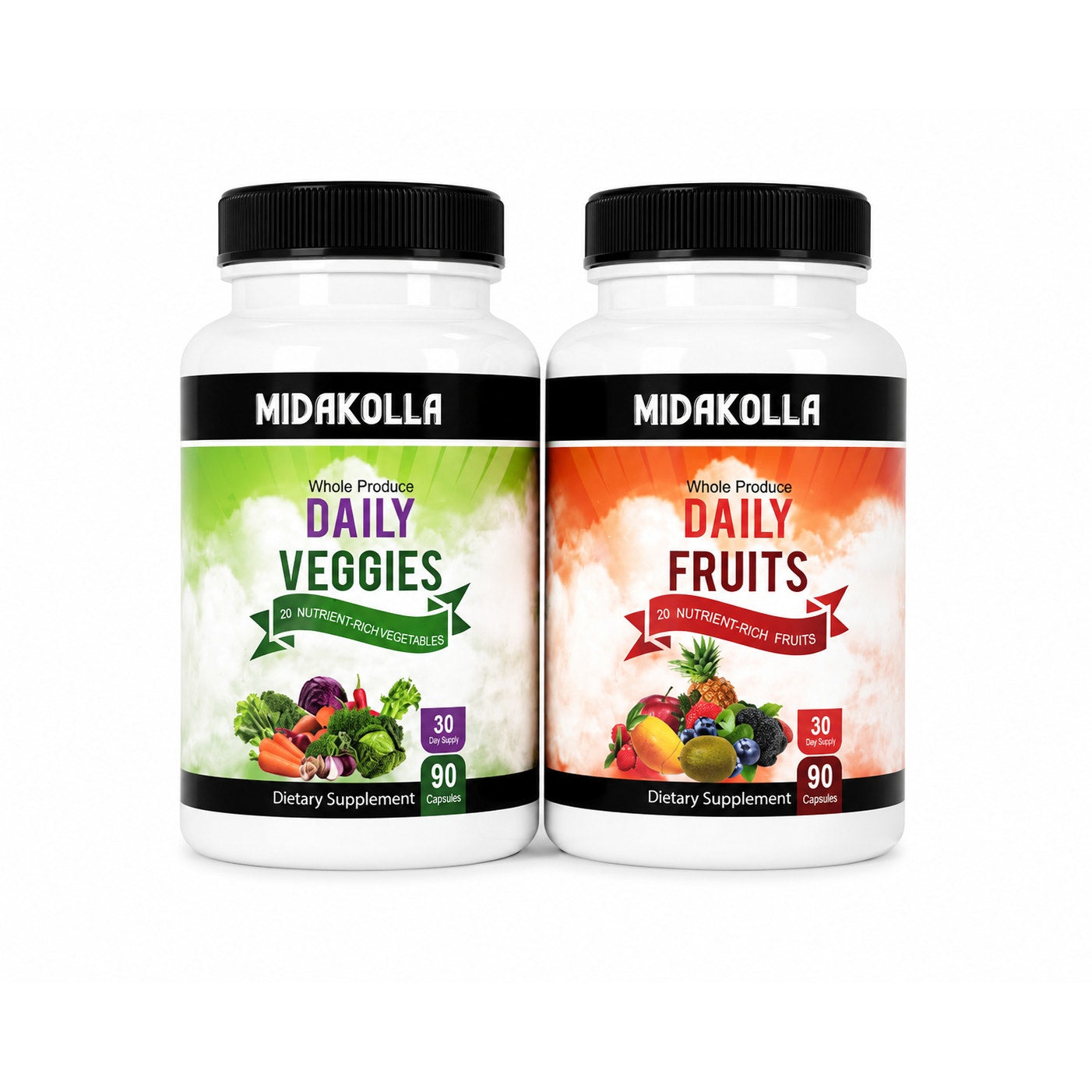 Midakolla daily fruit and veggie supplement box showing 30 days of colorful fruit and vegetable capsules.