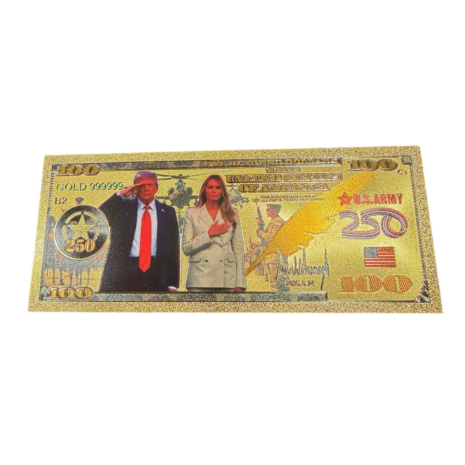 Gold-foil novelty note celebrating the 250th anniversary, issued by Republic Mercantile, featuring intricate design and commemorative details.