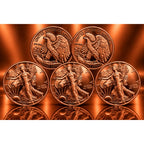 Set of five 1 oz .999 copper bullion ingots with Walking Liberty design from Republic Mercantile, featuring American eagle and flag details.