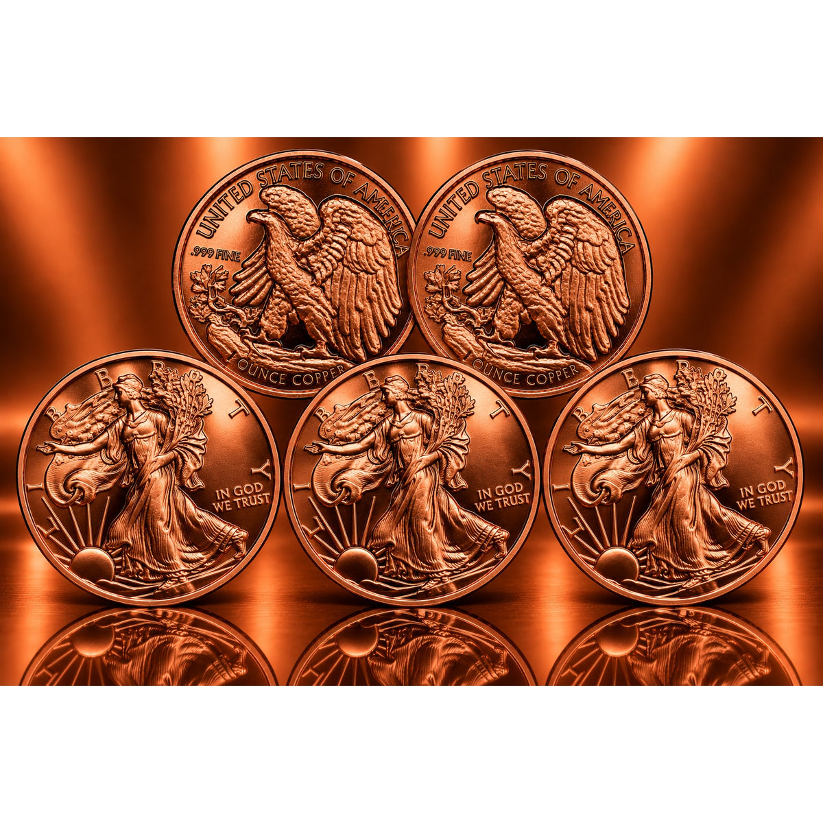Set of five 1 oz .999 copper bullion ingots with Walking Liberty design from Republic Mercantile, featuring American eagle and flag details.