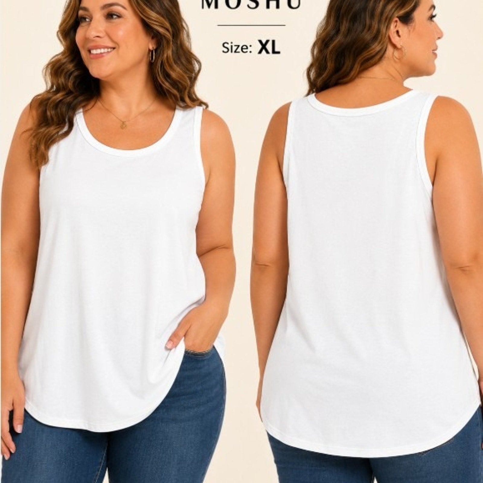Moshu white sleeveless tank top in XL size, casual basic layering shirt with a smooth fabric and sleeveless design.