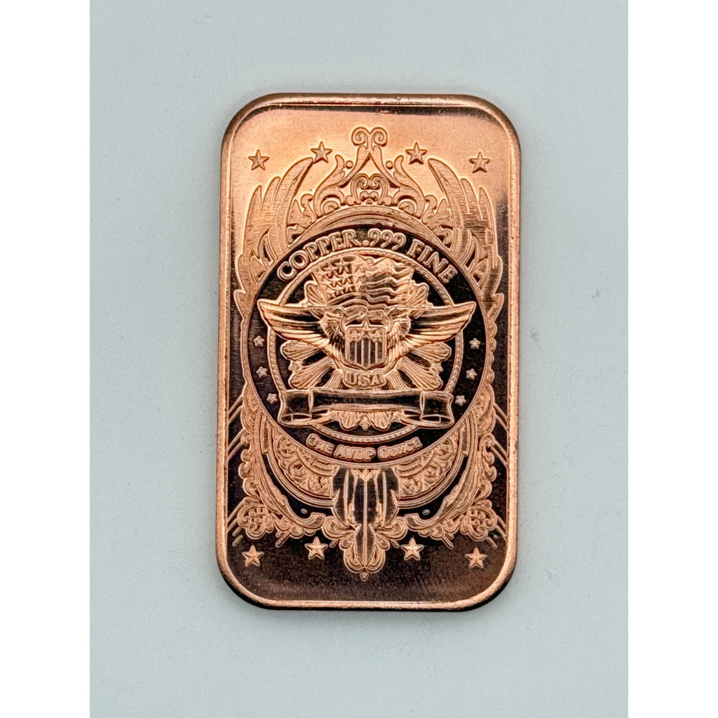 Republic Mercantile .999 fine copper collectible bar featuring a detailed buffalo design, made in the USA.