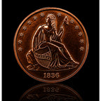 Seated Liberty design copper collectible coin, 1 AVDP oz .999 fine copper, from Republic Mercantile, close-up of coin's detailed surface.