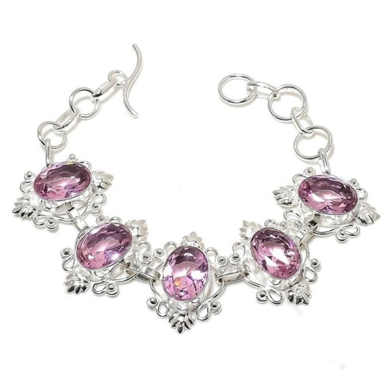 Pink Oval Kunzite Gemstone Handmade 925 Sterling Silver Plated Jewelry Bracelet