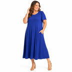 Fantaslook Short-Sleeve Blue Swing A-Line Midi Dress Size XL