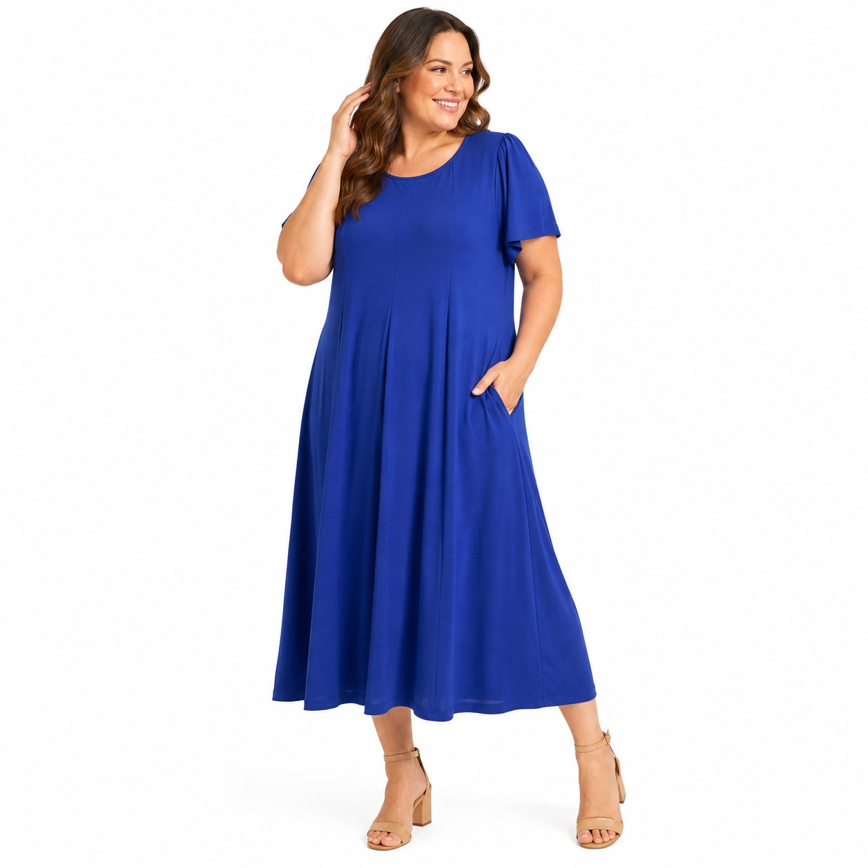 Fantaslook Short-Sleeve Blue Swing A-Line Midi Dress Size XL