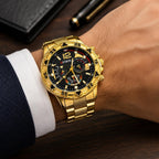 Men's Deyros Gold Watch with matching band by Republic Mercantile, featuring a sleek gold face and stylish band.