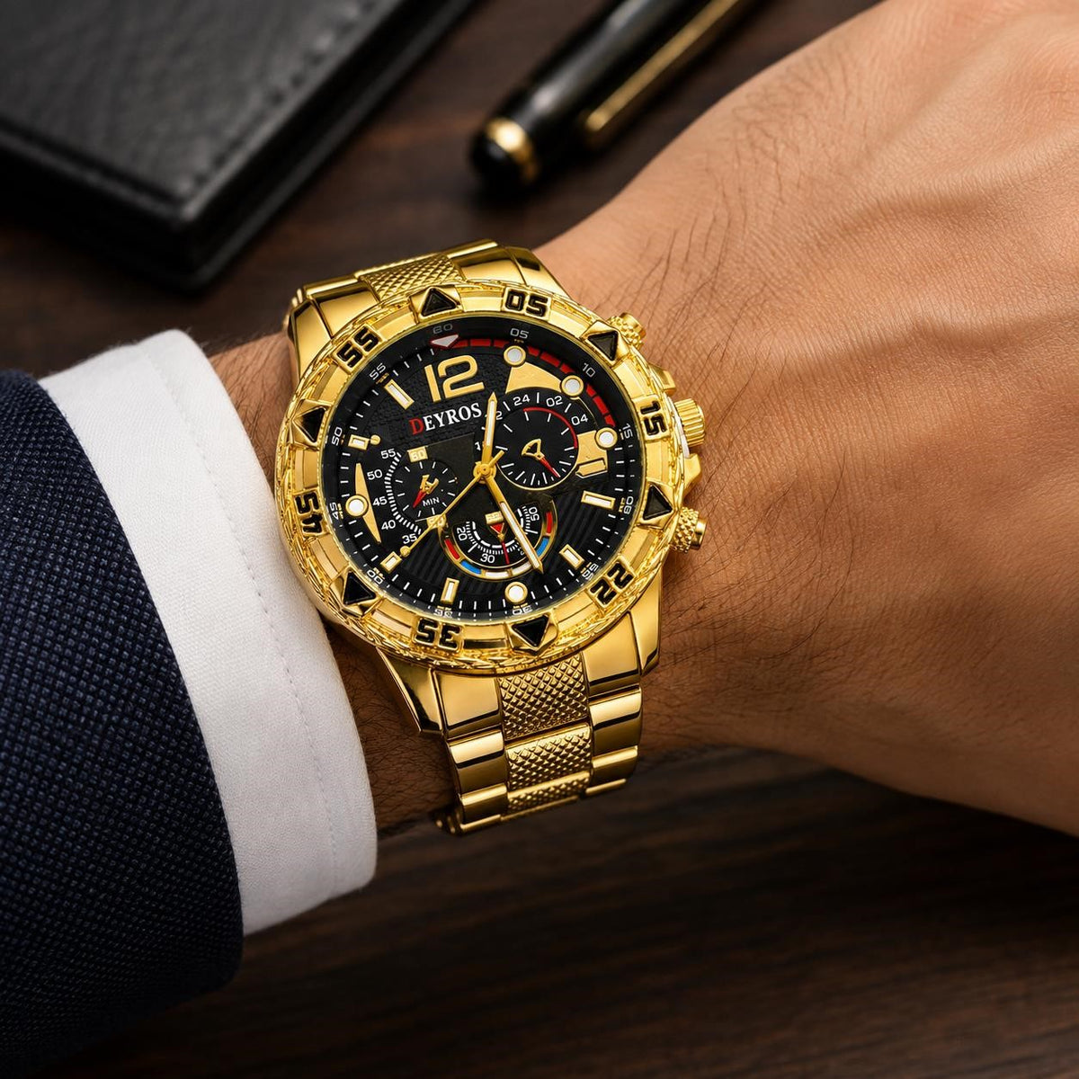 Men's Deyros Gold Watch with matching band by Republic Mercantile, featuring a sleek gold face and stylish band.