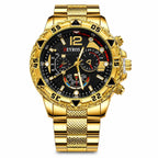 Men's Deyros gold watch with matching band by Republic Mercantile, featuring a round dial and stylish gold finish.