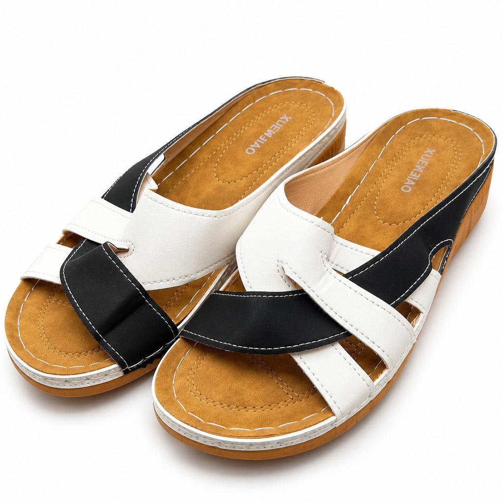 Xuemjiao women's slip-on sandals in white and black, size 11.5-12, EU 43, with open-toe design and comfortable style