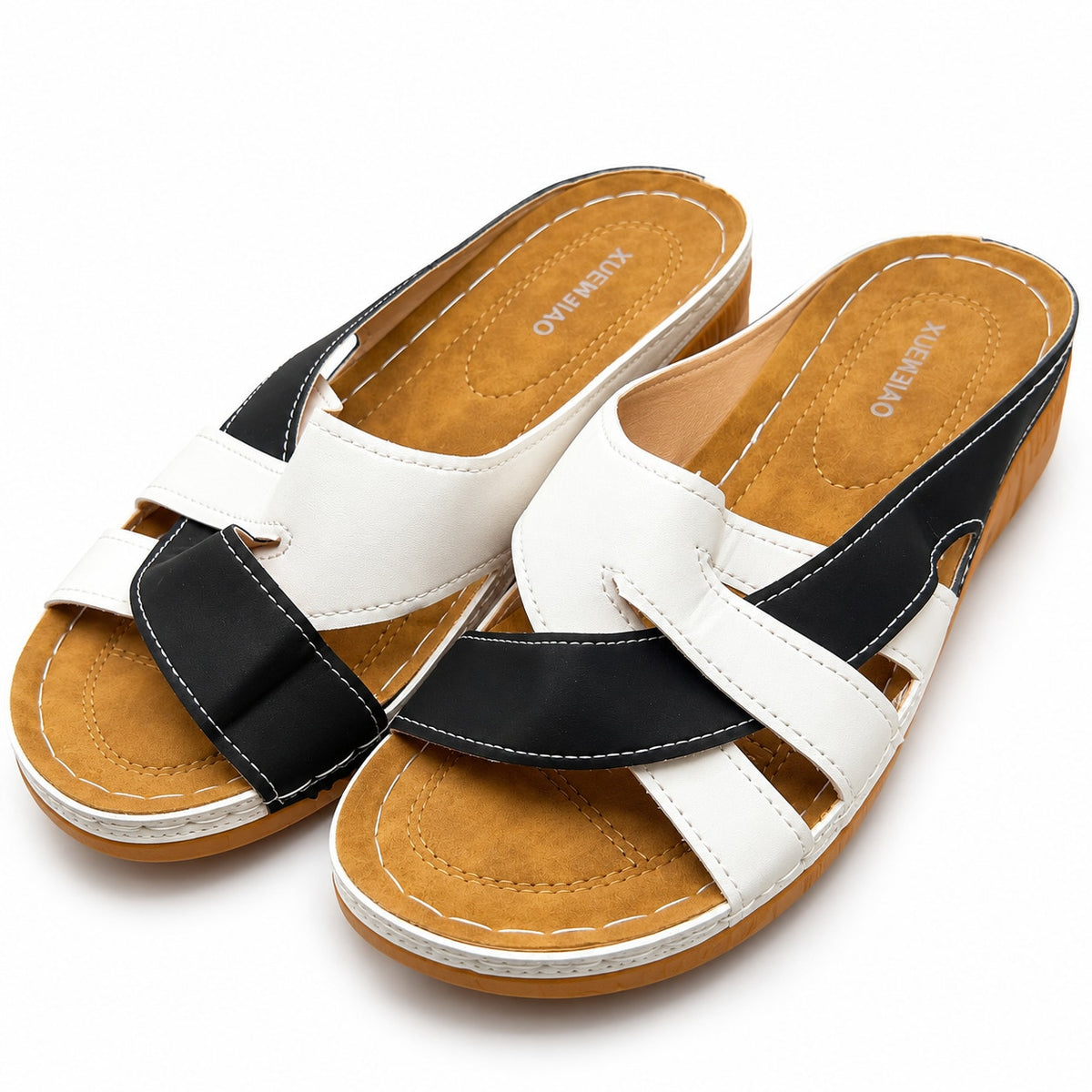 Xuemjiao women's slip-on sandals in white and black, size 11.5-12, EU 43, with open-toe design and comfortable style
