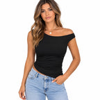 Prettygarden women's summer off-the-shoulder sleeveless crop top in size L, light and stylish for warm weather.