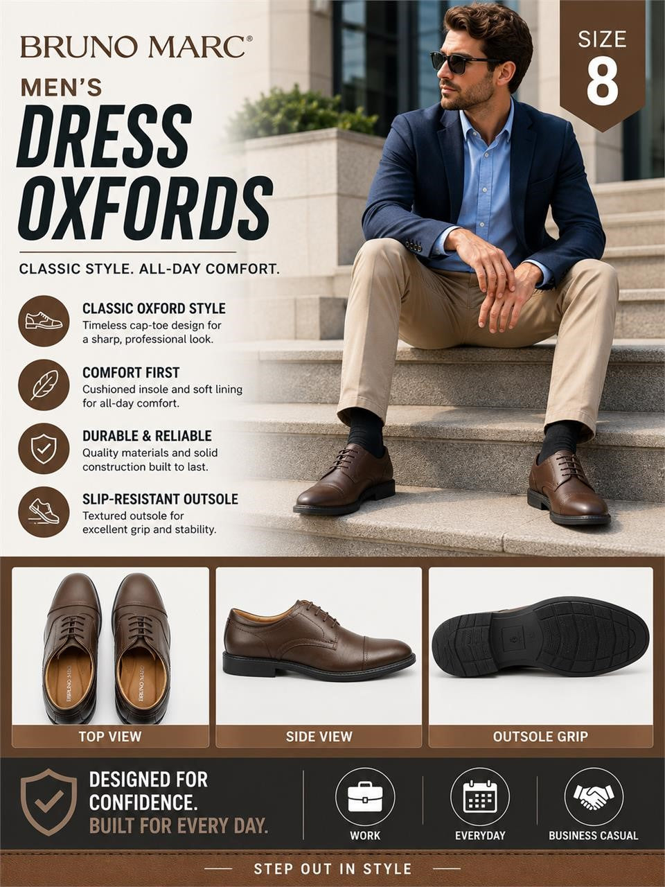 Bruno Marc men's Oxford dress shoes in size 8, featuring classic black leather design and polished finish, suitable for formal wear.