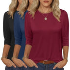 MOSHU women's 3/4 sleeve crew neck T-shirts in wine, navy, and black, 2XL size, displayed flat with visible fabric details.