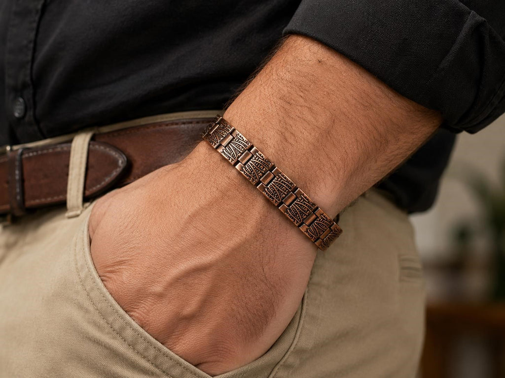Antiqued copper magnetized bracelet with textured design, 8 inches long, crafted by Republic Mercantile.
