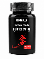 Midakolla Korean Pandx Ginseng supplement capsules in a bottle, dietary supplement for energy and vitality.