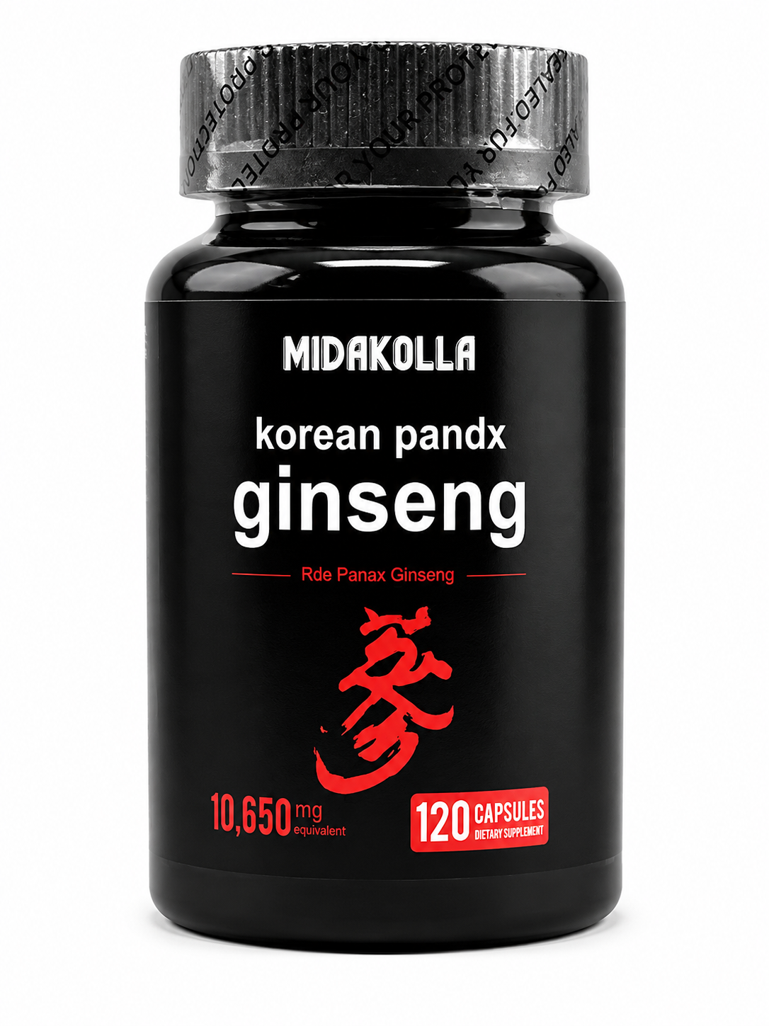 Midakolla Korean Pandx Ginseng supplement capsules in a bottle, dietary supplement for energy and vitality.