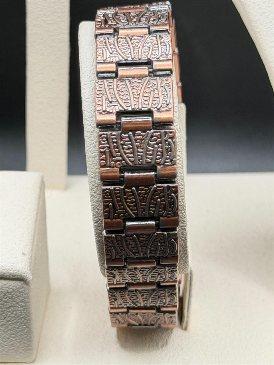 Antiqued copper magnetized bracelet measuring 8 inches with textured design, crafted by Republic Mercantile.