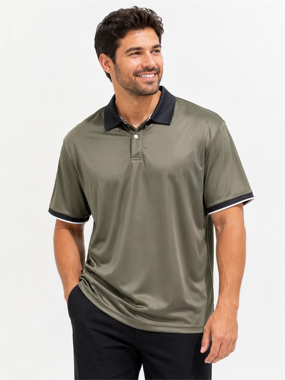 Men's green polo shirt with black collar from Republic Mercantile, size XXL, featuring a classic collar and casual fit.