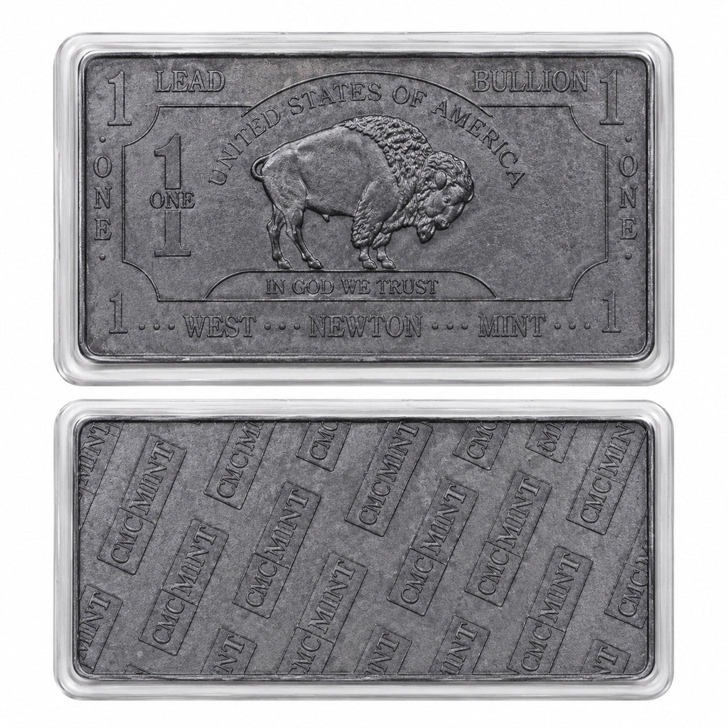 Troy ounce lead collectible bar in display case, minted by CMC Mint, with detailed engravings and protective casing.
