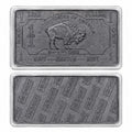 Troy ounce lead collectible bar in display case, minted by CMC Mint, with detailed engravings and protective casing.